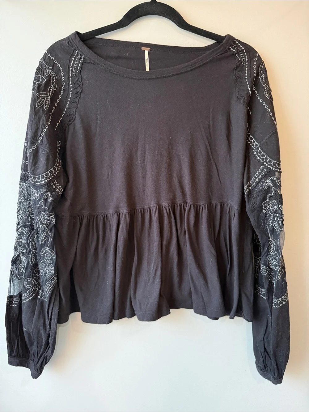 Free People Black Peasant Top with White Embroidered sheer Sleeves cotton xs
